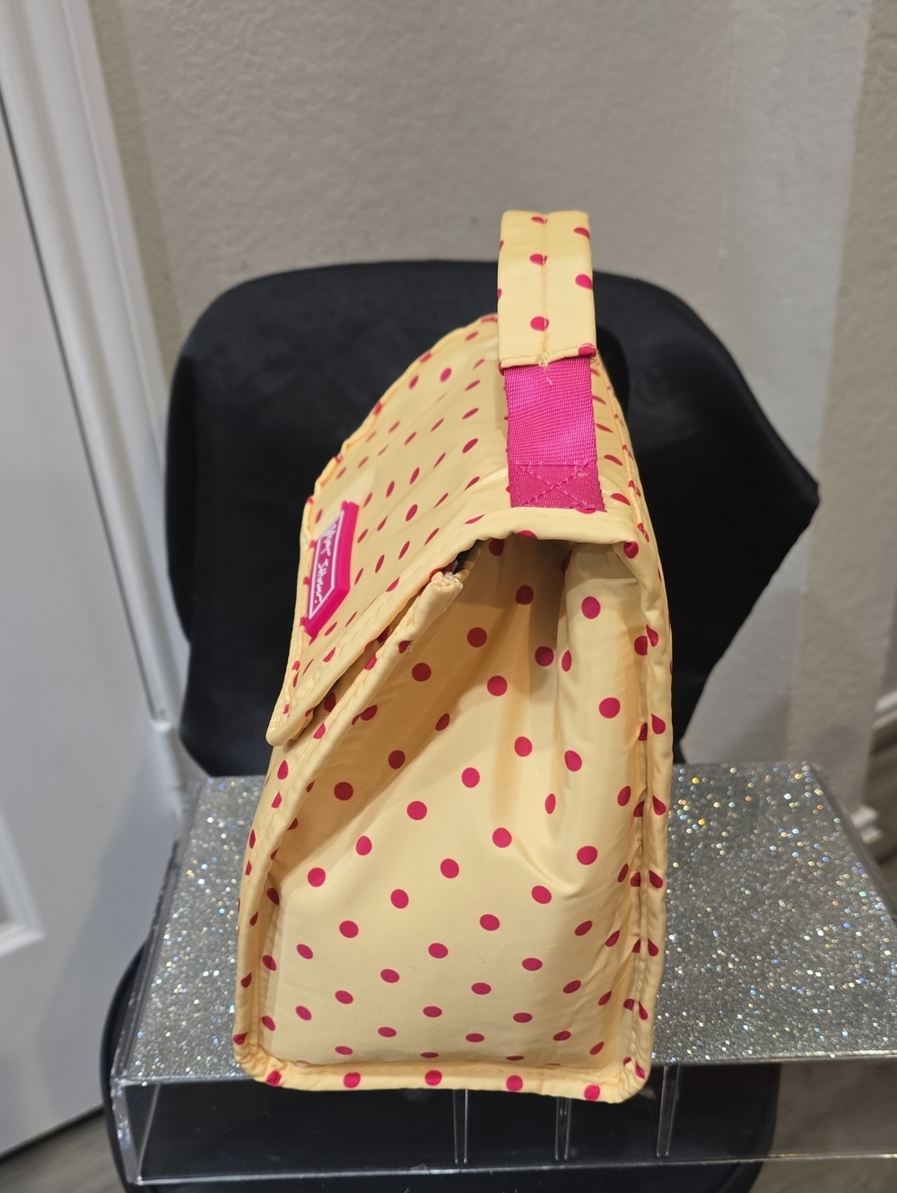 Betsey Johnson Polka Dot Flap Top Insulated Lunch Tote Bag- Yellow/Pink - Picture 5 of 8